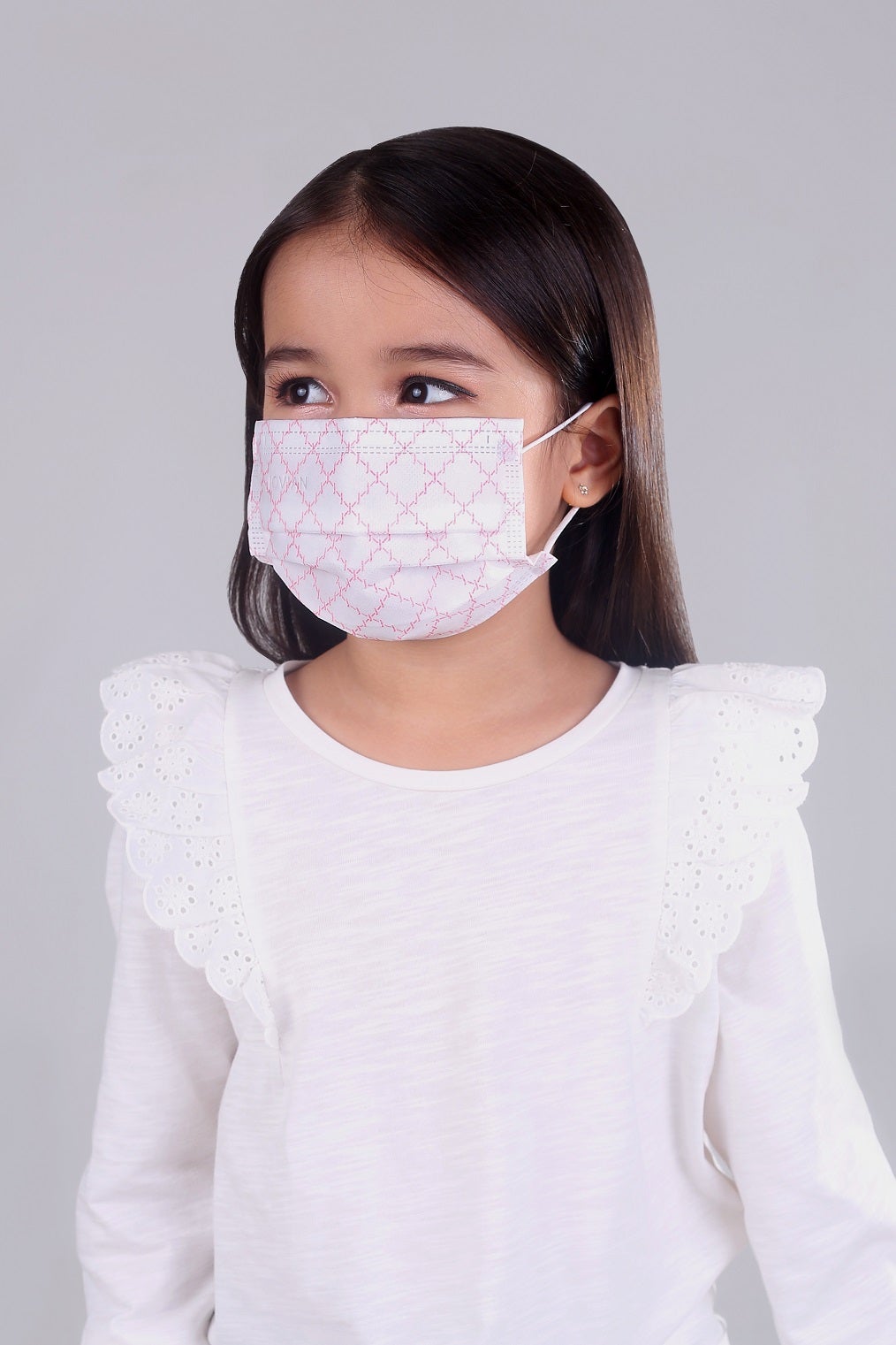 Earloop 3-Ply Mask in White Pink Monogram For Kids