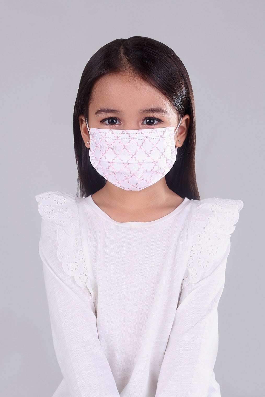Earloop 3-Ply Mask in White Pink Monogram For Kids
