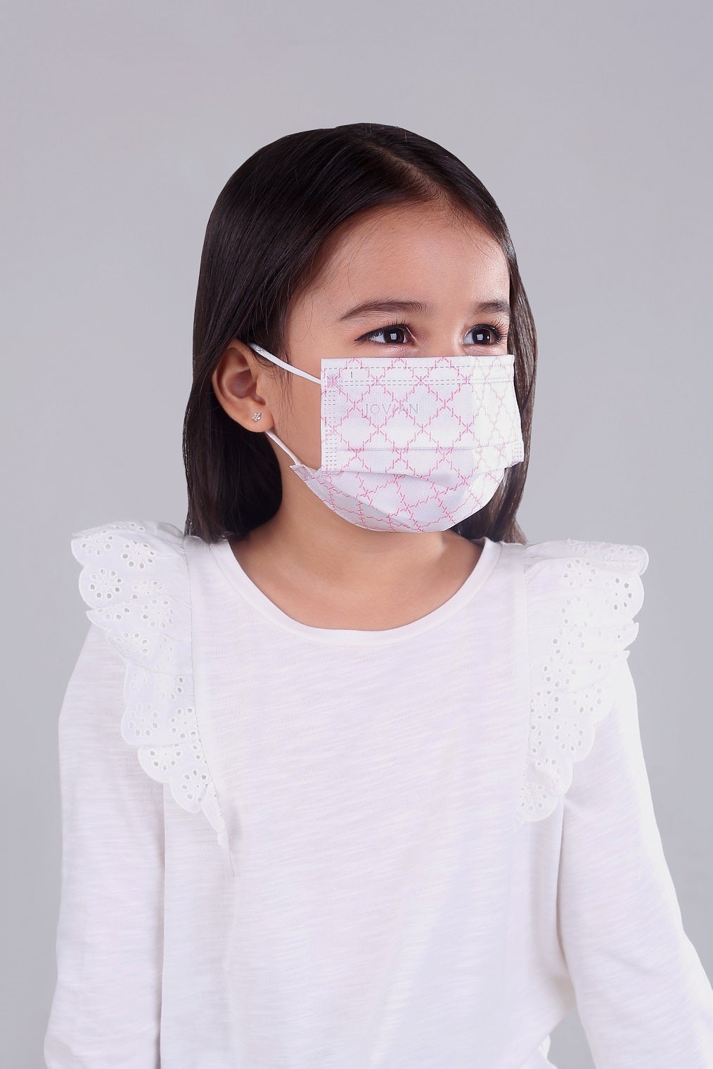 Earloop 3-Ply Mask in White Pink Monogram For Kids
