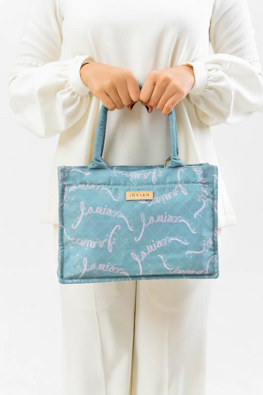 Printed Mini Tote Bag Petite Ribbon in Grey Turqouise
